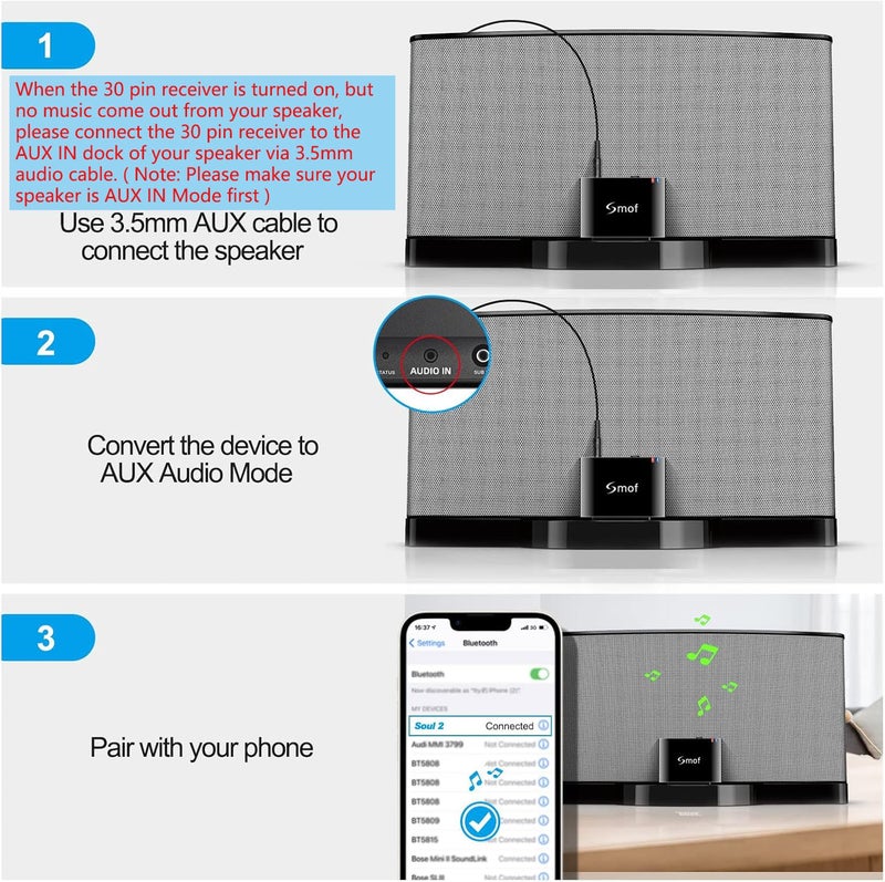 Smof 30 Pin Bluetooth Adapter Receiver for Bose Sounddock iPod iPhone Music Docking Station and Other 30 Pin Dock Speakers Bluetooth Audio Receiver with 3.5 mm Audio Cable (Not for Car or Motorcycle) - Image 5